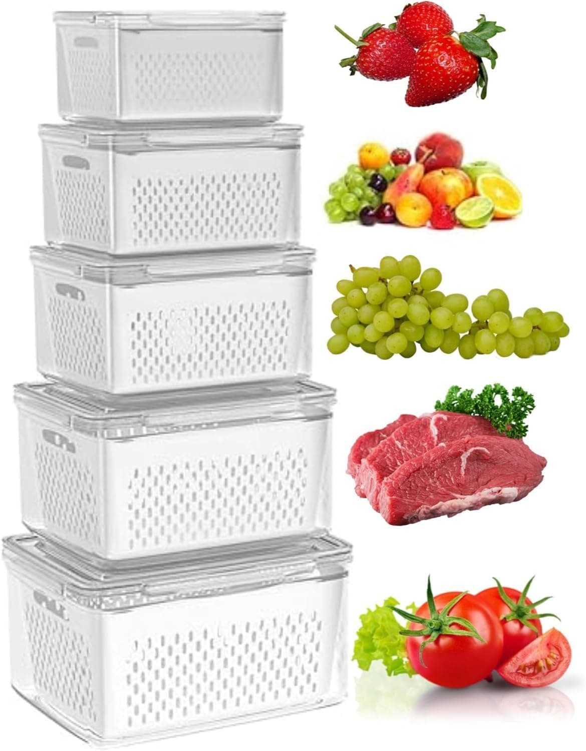 Kit 5 Organizadores de Cozinha com Potes Herméticos e Escorredor Multiuso – Armazenamento de Alimentos, Grãos, Cereais e Legumes – Cestos Organizadores para Geladeira, Pia e Despensa : Cozinha