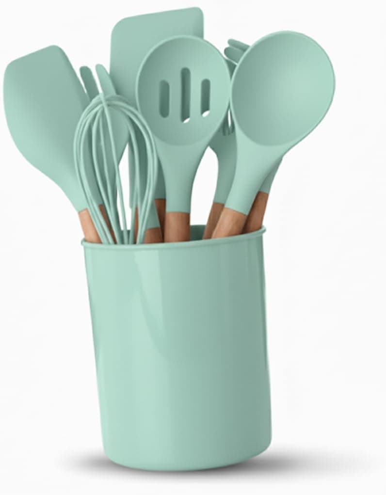 Kit 12 Utensílios de Cozinha em Silicone, Cabo de Madeira, Conjunto para Cozinha (Verde)